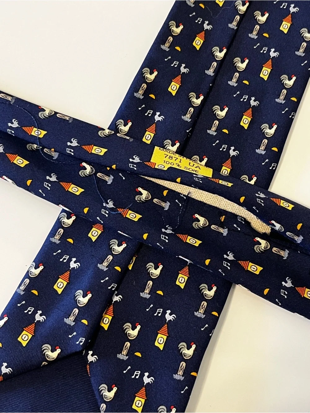 HERMES 7871 UA Mens Neck Tie 100% Silk Vintage France Rooster Clock Fathers Day